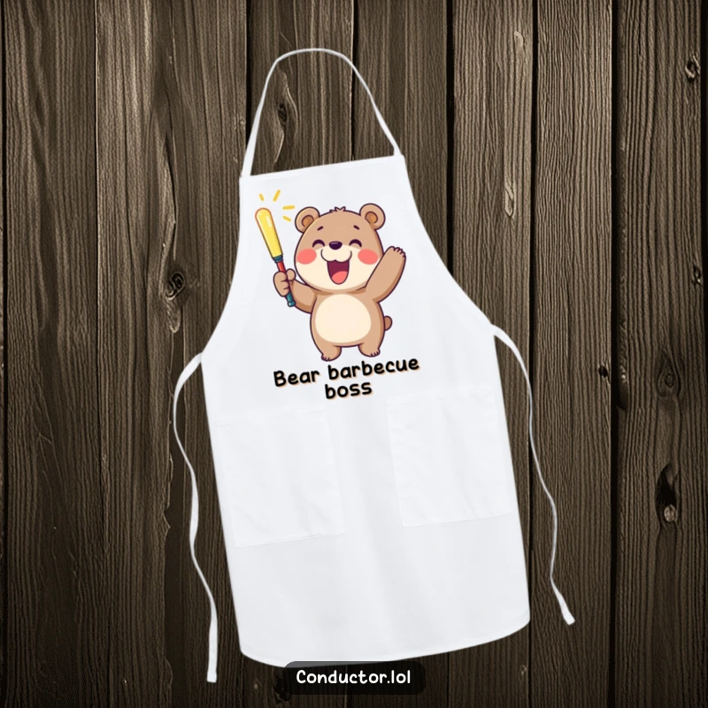 Funny apron featuring a cheerful bear waving a glowing baton with a wide smile, ideal for a fun and energetic cooking experience.