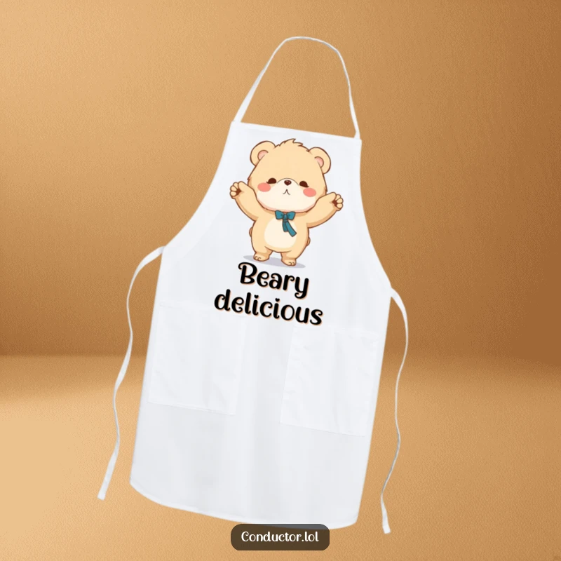 Funny apron with a fluffy bear character conducting music with a grand sweeping motion, ideal for kitchen fun.