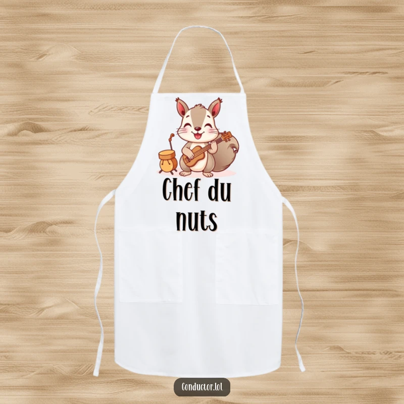 Funny apron featuring a playful squirrel conducting a band of tiny instruments, adding musical fun to kitchen tasks.