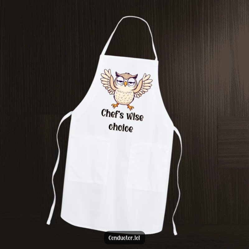 Funny apron with a curious owl dramatically throwing its arms wide, perfect for kitchen fun and humorous gifting.