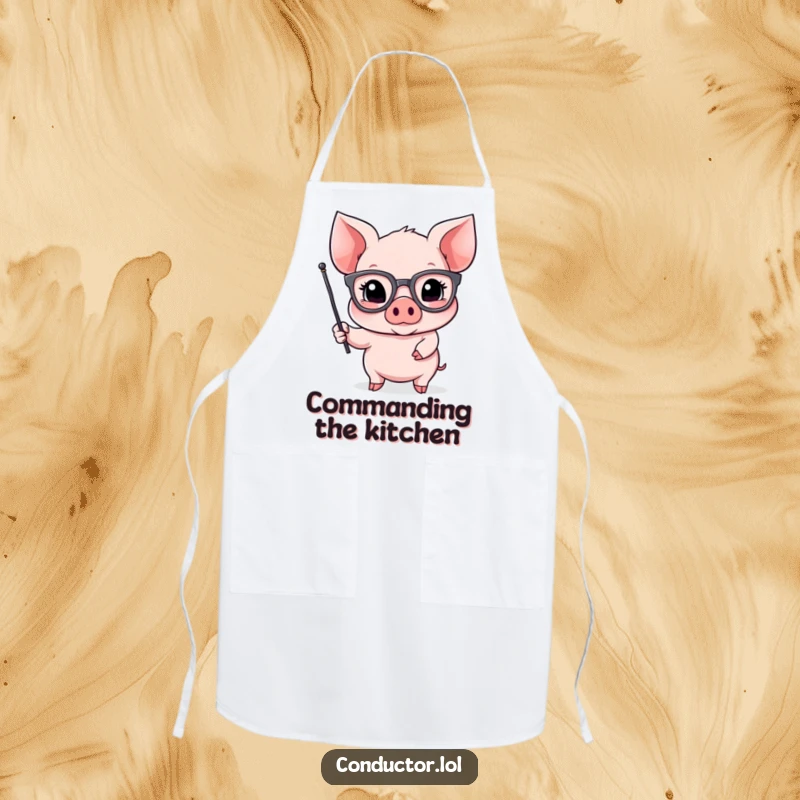 Funny Piglet Spokespig Apron: a piglet in spectacles gestures dramatically with a flag while cooking, humorous gift.