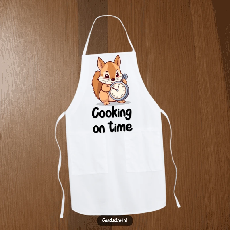 Funny Apron: A determined cartoon squirrel meticulously adjusting a metronome, ensuring perfect timing and adding humor to cooking.