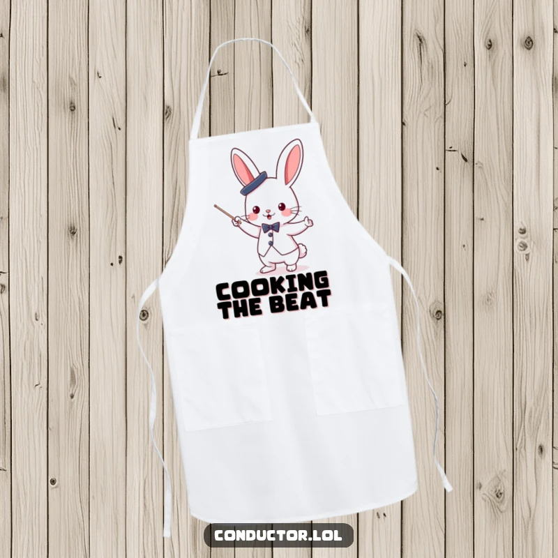 Funny cute bunny conductor with a top hat, enthusiastically waving a baton, on a practical and stylish kitchen apron.