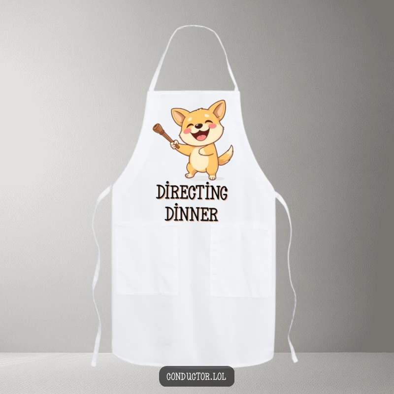Funny dog apron featuring a delighted dog enthusiastically swinging a baton with a wide, cheerful grin.