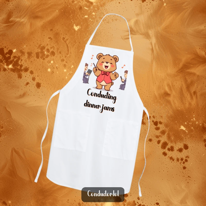 Funny Bear Conductor Apron showing a bear conducting an orchestra while cooking, adding humor to kitchen duties.