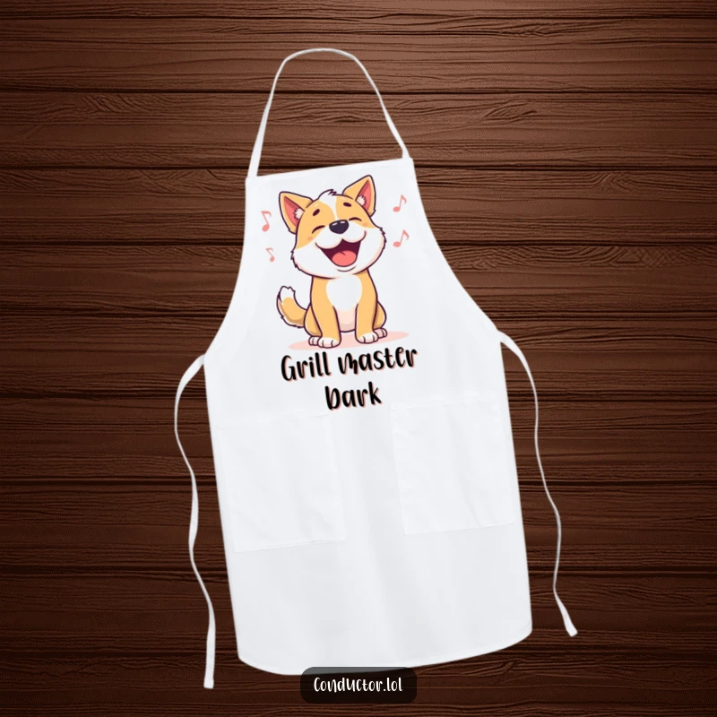 Funny dog apron, depicting a proud dog barking along to music, ideal for kitchen use.