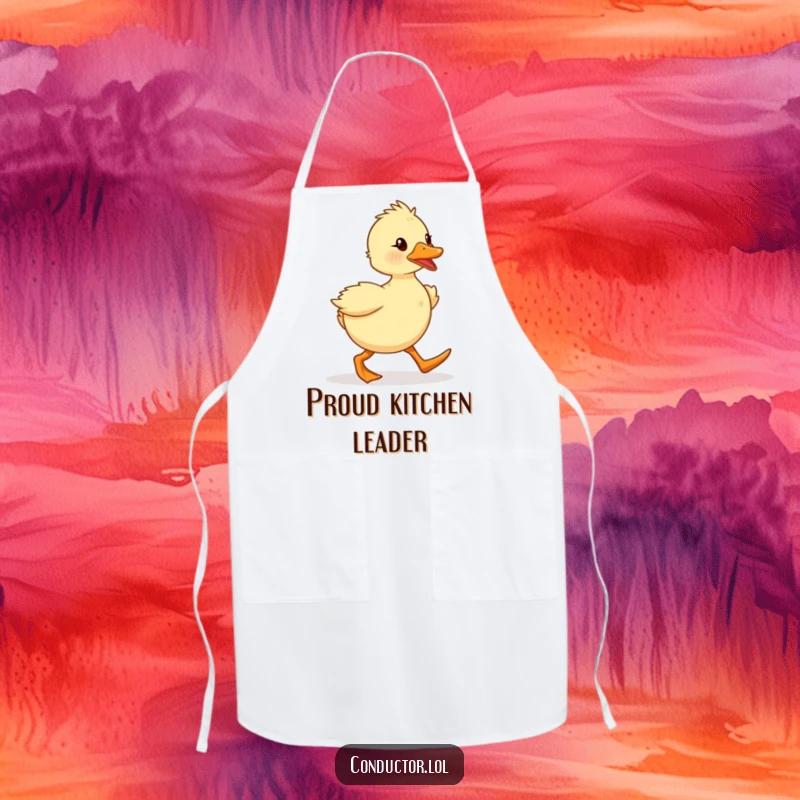 Funny duckling marching with spirited enthusiasm while wearing an apron. Ideal for chefs and achievers.
