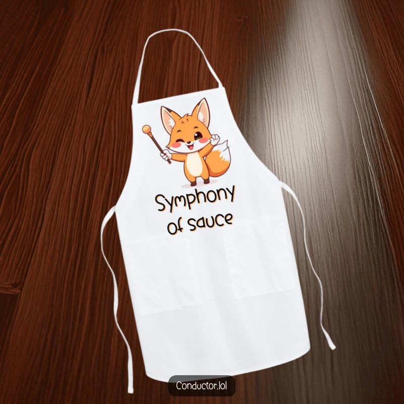 Funny apron showing a happy fox chef wearing white gloves, dramatically waving a baton, ready to direct a delicious meal.