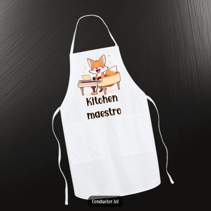 Funny fox apron, depicting a happy fox playing the piano with a big grin, ideal for cooking.