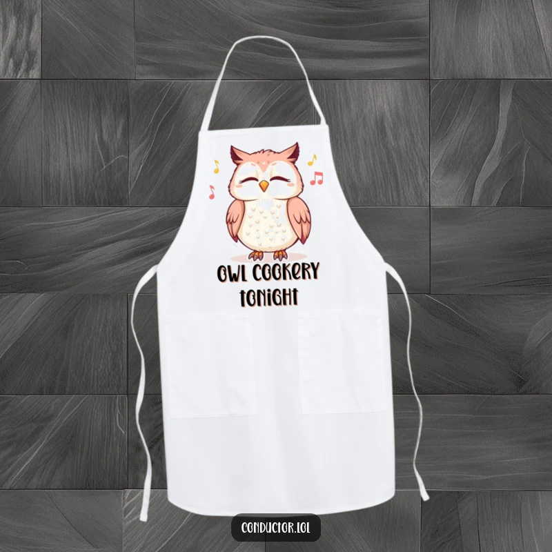 Funny apron featuring a giggling owl with closed eyes swaying to music, ideal for a relaxed and enjoyable cooking experience.