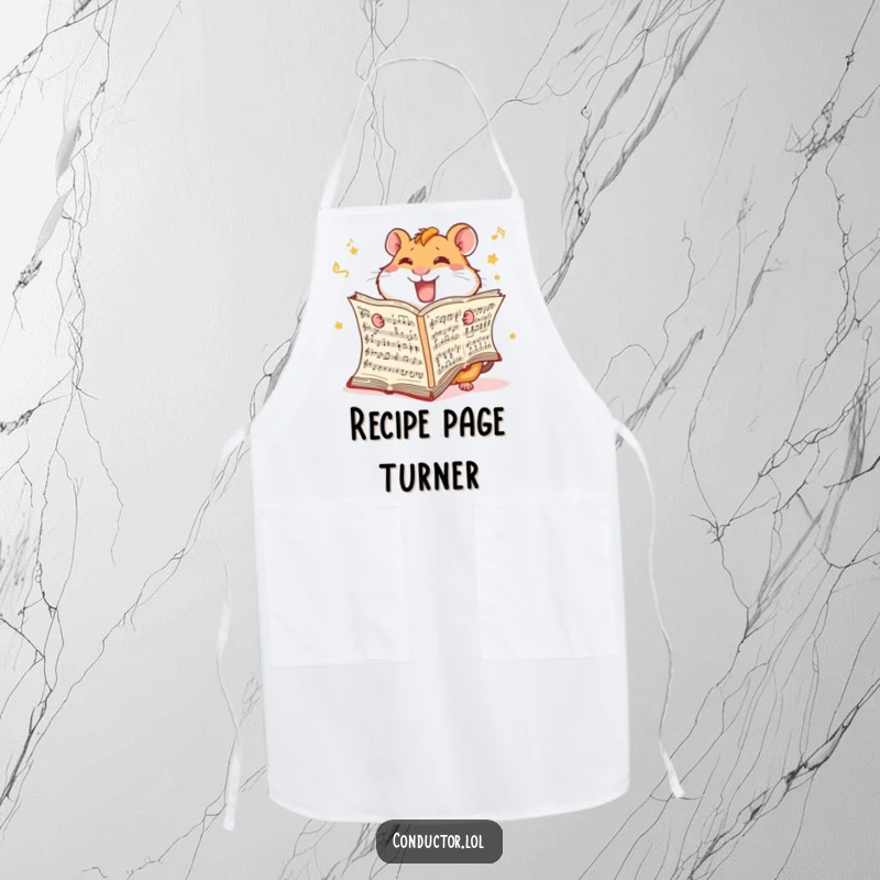 Funny Hamster Score Apron: A giggling hamster furiously turns music score pages while cooking.