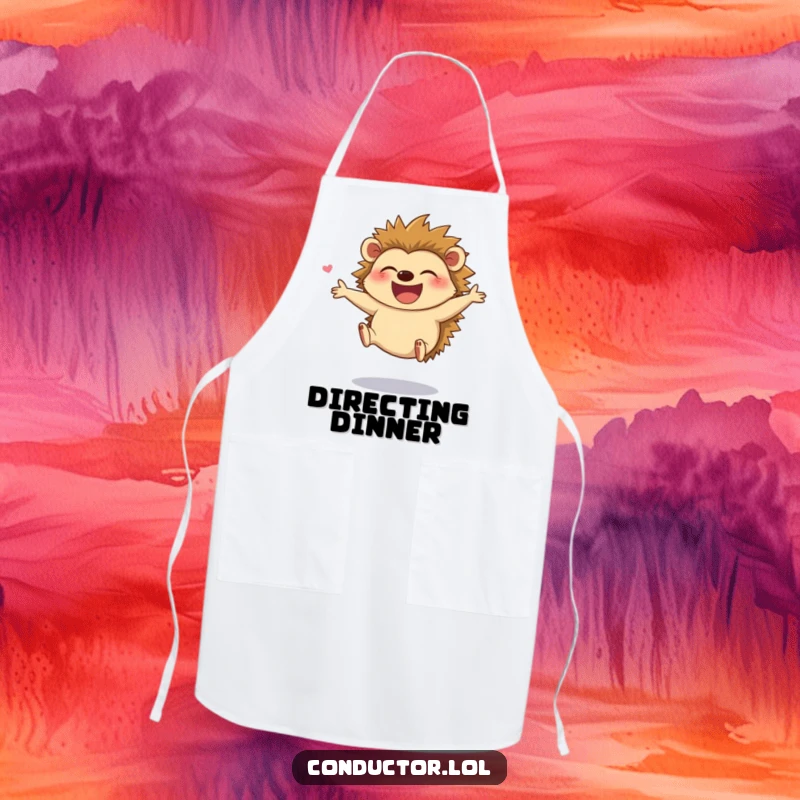 Funny apron with a giggling hedgehog leaping joyfully while directing, ideal for kitchen fun and spreading happiness.