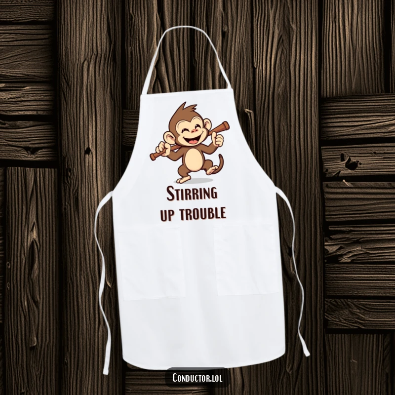 Funny monkey conductor apron, ready for kitchen duty with a mischievous grin. A practical, funny gift.