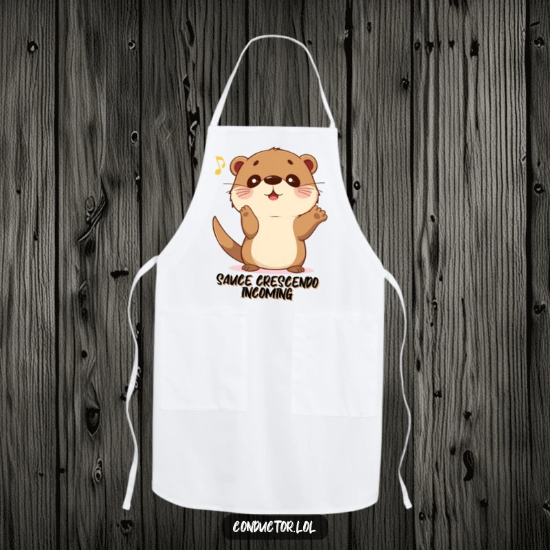 Funny Otter Crescendo Apron: A sweet otter gestures for music to crescendo while cooking.