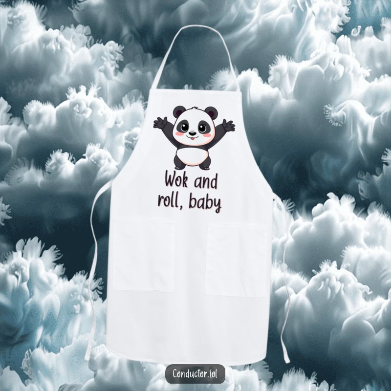 Funny Panda Performer Apron: A focused cartoon panda in a dramatic arm sweep, ready to create kitchen masterpieces.