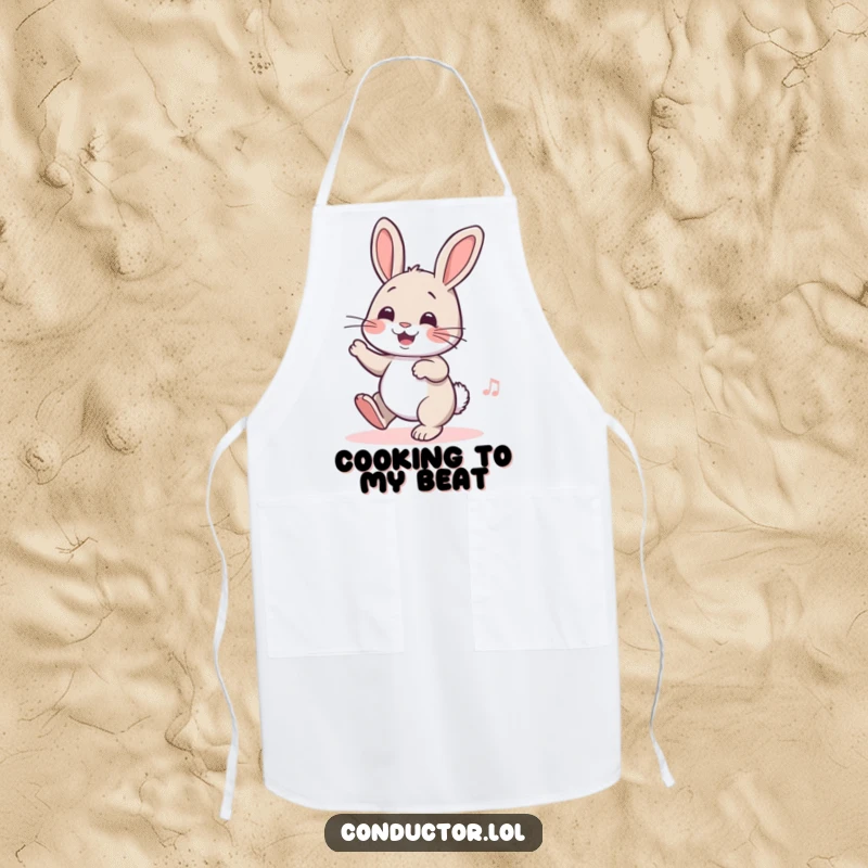 Funny apron featuring a cheerful rabbit tapping its foot while cooking, adding a playful rhythm to kitchen tasks.