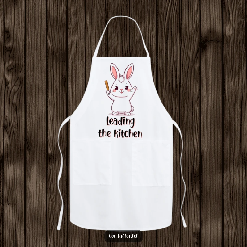 Funny apron depicting a playful rabbit with a stern but kind expression, raising its baton, perfect for a focused kitchen.