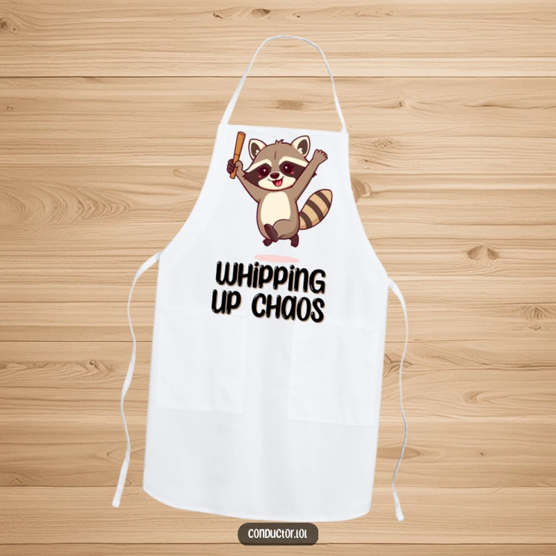 Funny raccoon conductor apron, enthusiastically leaping with a baton, ideal for chefs who love playful, humorous musicality in the kitchen.