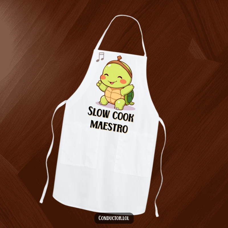Funny apron featuring a joyful turtle conductor slowly guiding tempo with a contented smile, a kitchen maestro of leisure.