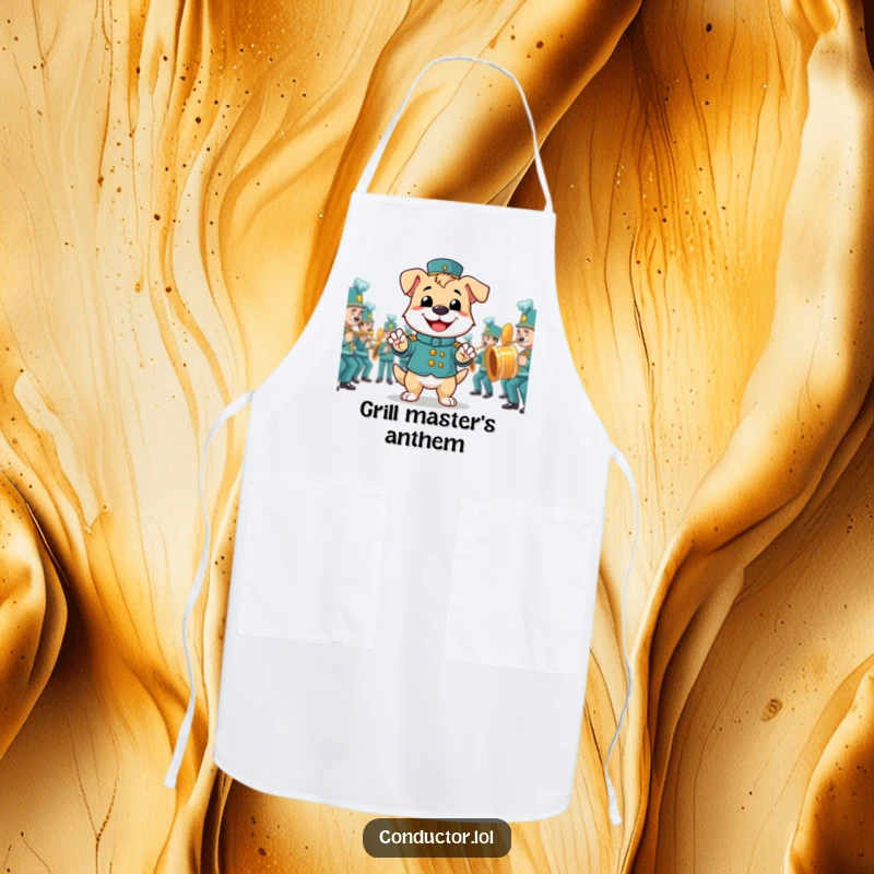 Funny apron with a smiling dog proudly directing a marching band, perfect for a musical chef.