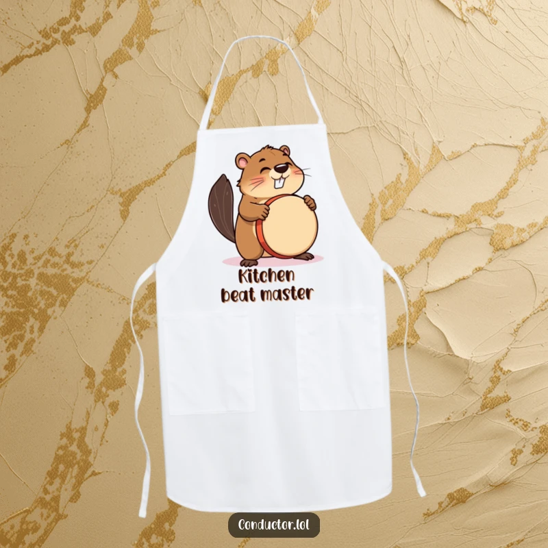 Funny apron showcasing a busy beaver enthusiastically beating a drum, perfect for kitchen fun.