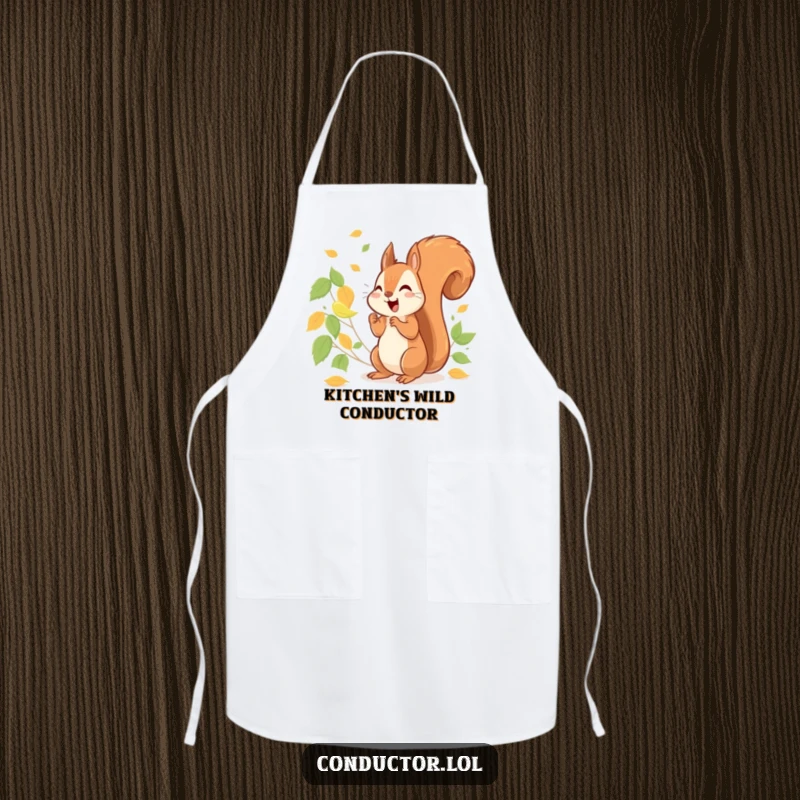 Funny cheerful squirrel energetically conducting a symphony of rustling leaves, on a cooking apron.
