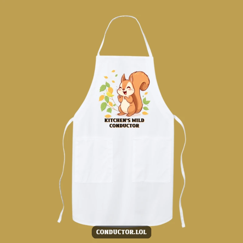 Funny Squirrel Conducting Leaves Apron: Cheerful Kitchen Wear, Nature Lover Gift