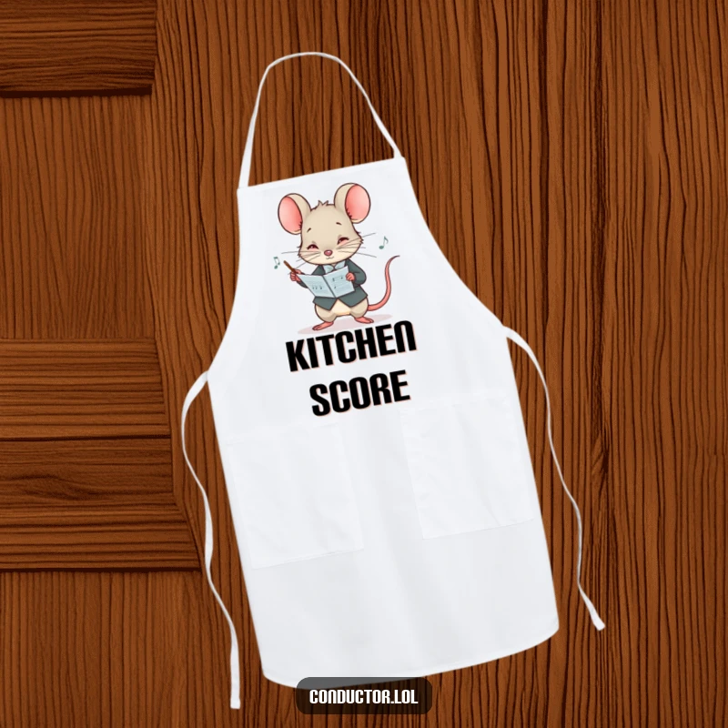 Funny apron featuring a curious mouse conductor peering at a musical score with intense concentration, a kitchen maestro of detail.
