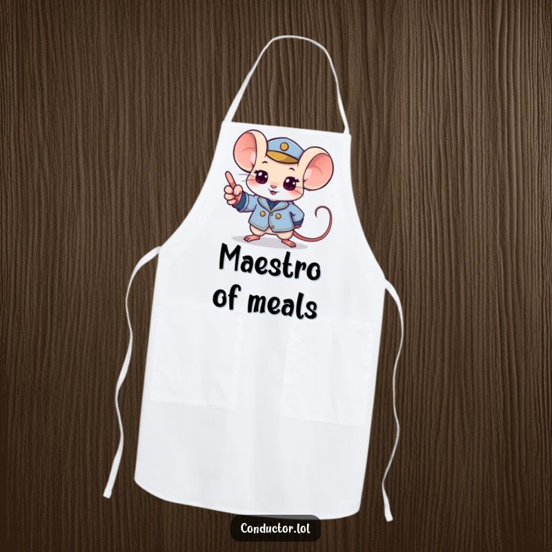 Funny mouse apron showing a determined mouse in a tiny uniform pointing with excitement to a musical crescendo.