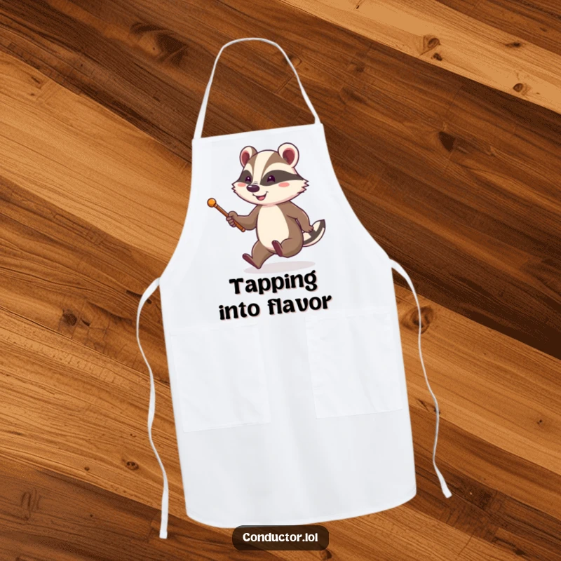 Funny apron depicting a cheerful badger with a baton, energetically tapping its foot while smiling, perfect for a musical kitchen.