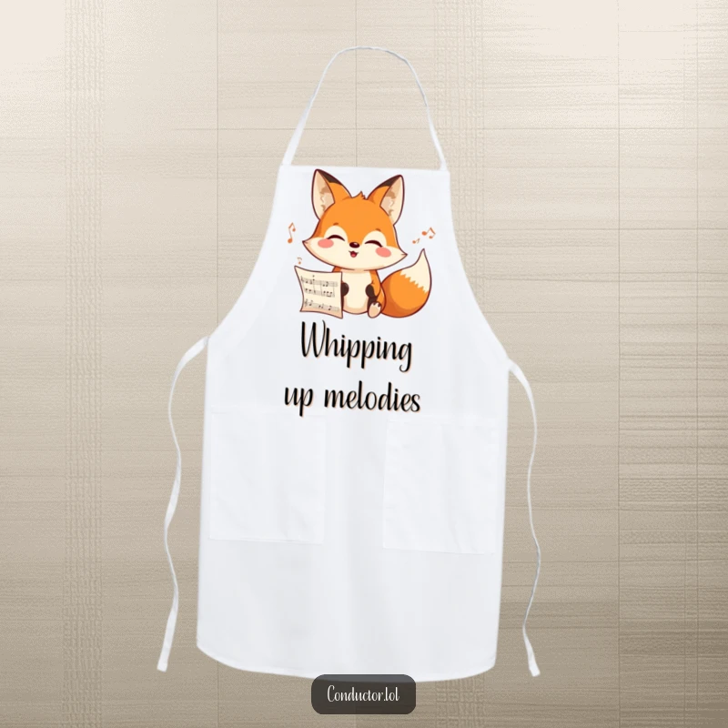 Funny cheerful cartoon fox intensely looking at an unseen musical score with a joyful expression on a kitchen apron, focused cooking joy.