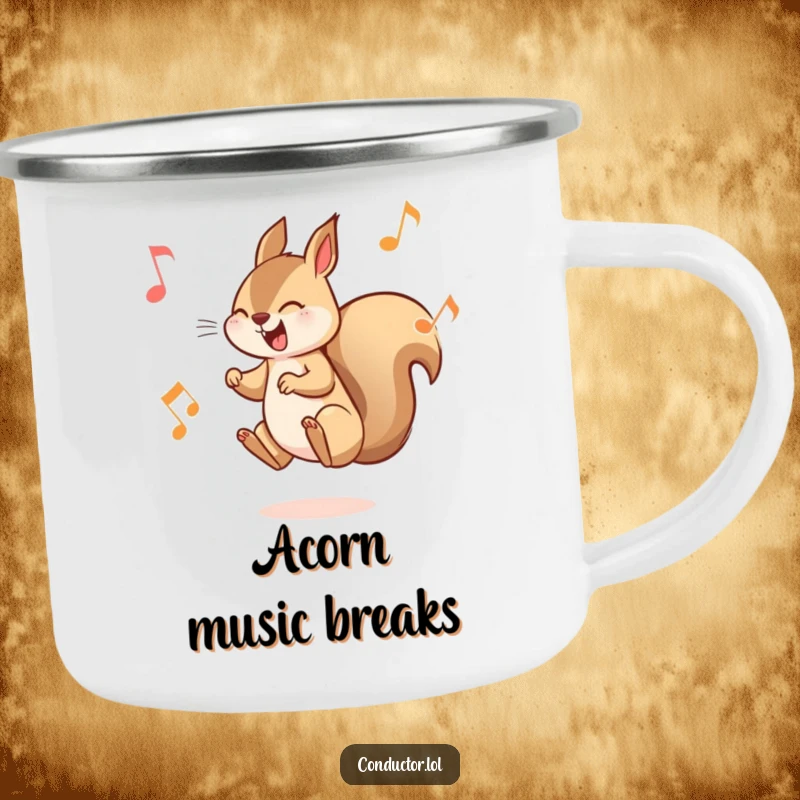 Funny Squirrel Musician Camping Mug: A playful squirrel leaping between musical notes, designed for outdoor adventures and musical enjoyment.