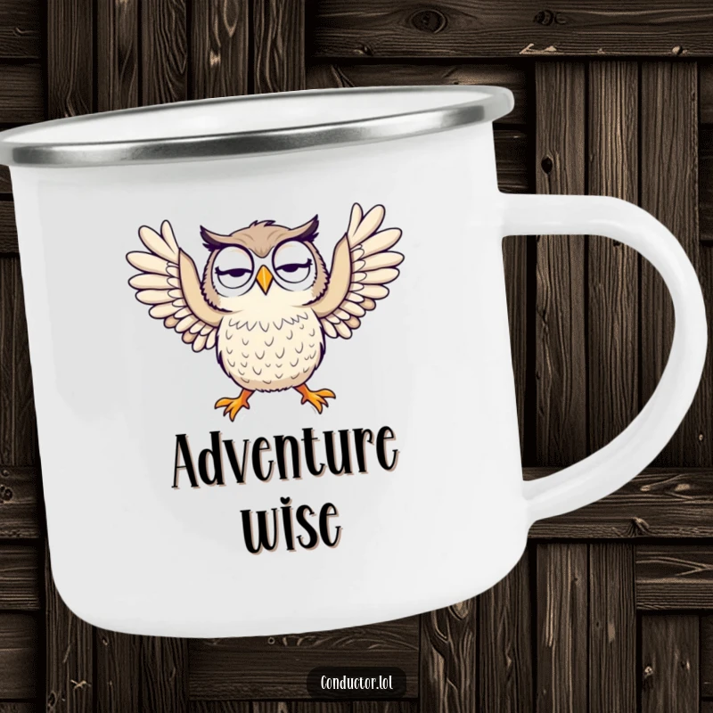 Funny camping mug featuring a curious owl dramatically spreading its arms, ideal for outdoor enthusiasts and humorous gifts.