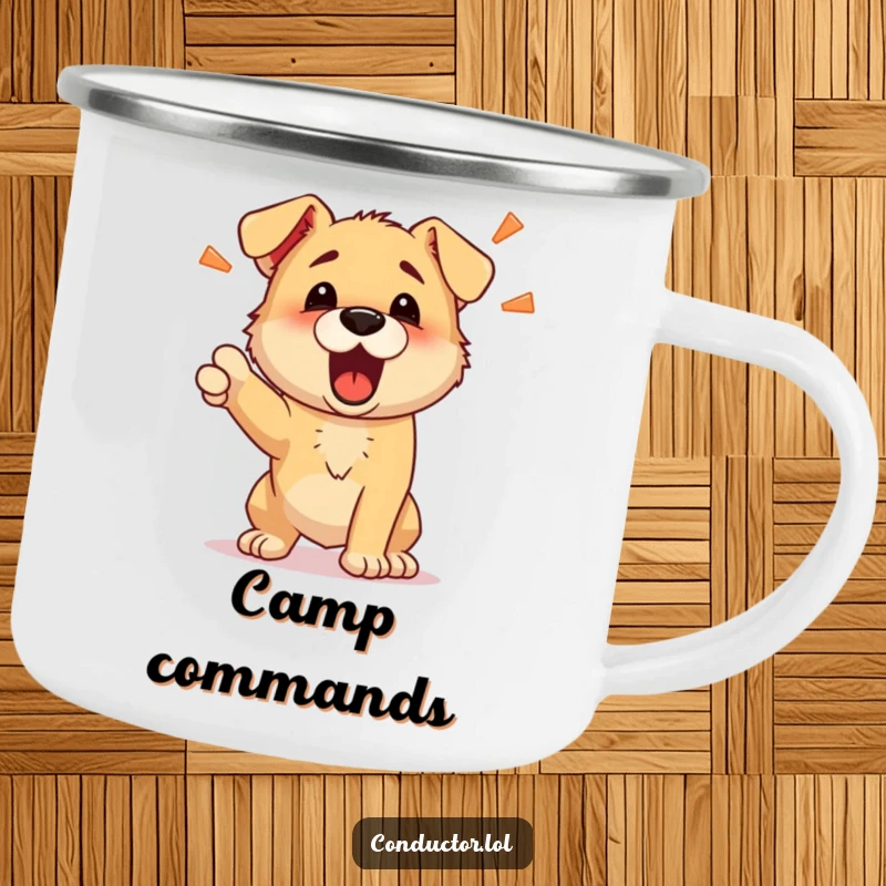 Funny camping mug with a determined puppy barking energetic commands, great for outdoor dog lovers and humorous gifting.