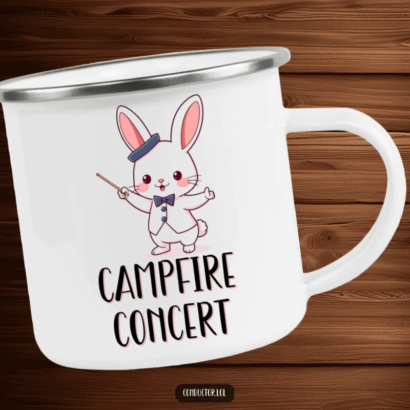 Funny cute bunny conductor with a top hat, enthusiastically waving a baton, on a durable enamel camping mug.