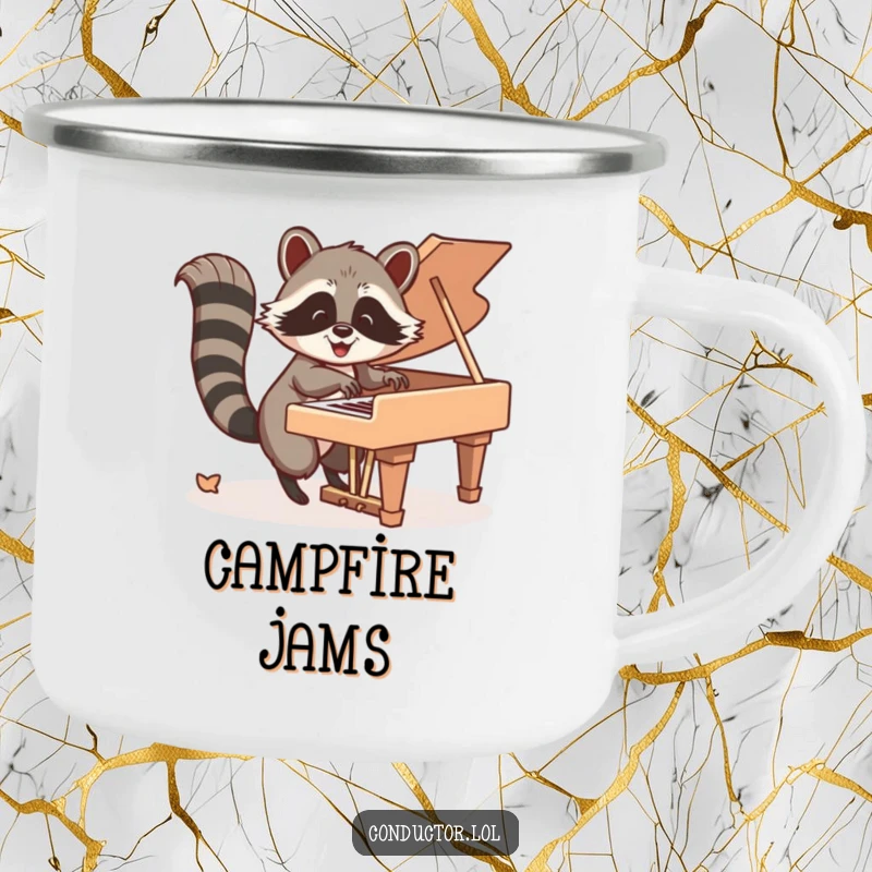 Funny Camping Mug: Happy raccoon energetically playing piano keys with its tail, perfect for outdoor jam sessions.