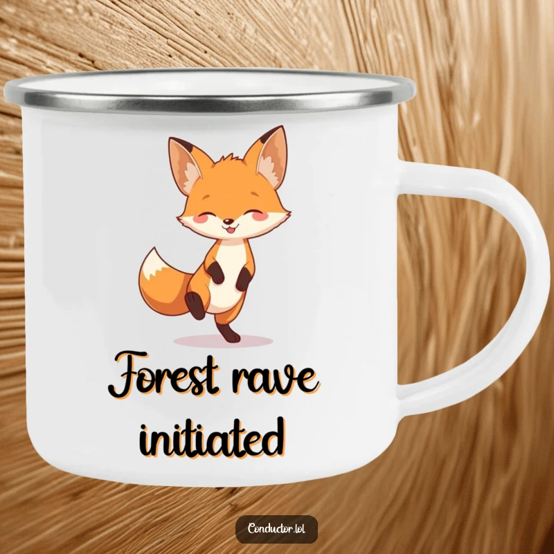 Funny fox tapping its foot to unheard music, full of playful energy, on a sturdy camping mug.