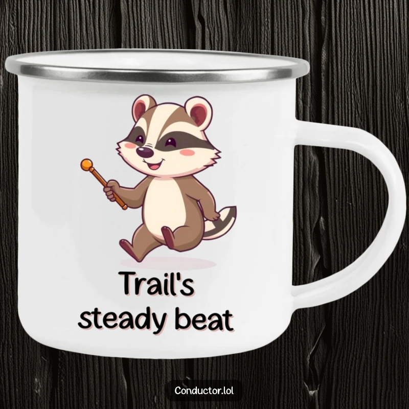 Funny camping mug featuring a cheerful badger with a baton, energetically tapping its foot, perfect for outdoor adventures.