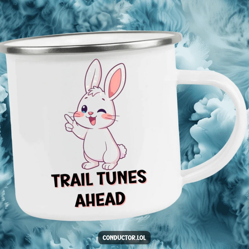 Funny bunny conductor camping mug, joyfully leading a musical crescendo, a durable and humorous drinkware for outdoor enthusiasts.