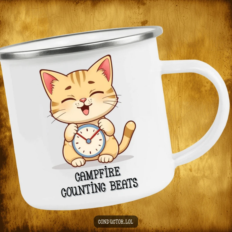 Funny camping mug with a giggling cat tapping a metronome, bringing musical focus to outdoor activities.