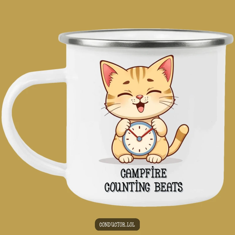 Funny Cat Metronome Camping Mug, Rustic Feline's Rhythmic Sipware