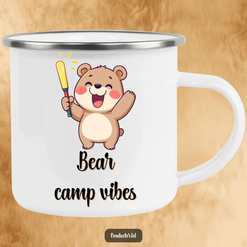 Funny camping mug featuring a cheerful bear waving a glowing baton with a big smile, perfect for happy adventurers.