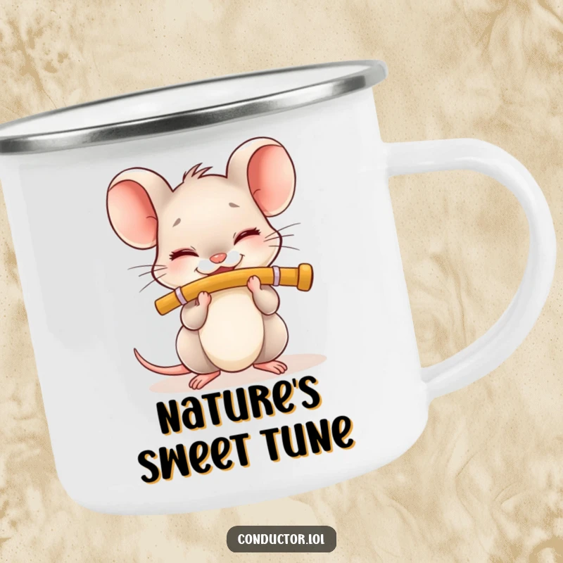 Funny Flute Mouse Camping Mug: Tiny cheerful mouse plays flute outdoors, a durable and humorous drinkware gift.