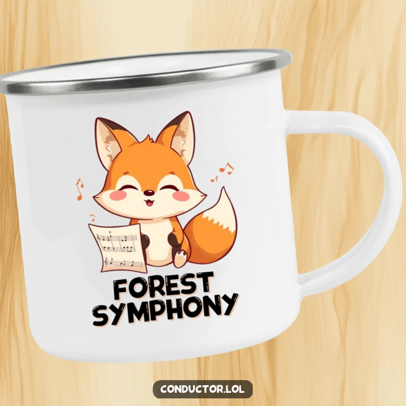 Funny cheerful cartoon fox intensely looking at an unseen musical score on a durable camping mug, perfect for focused outdoor music lovers.