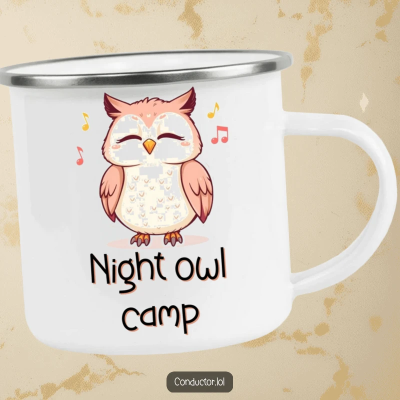 Funny camping mug featuring a giggling owl with closed eyes swaying to music, perfect for relaxed outdoor adventures.