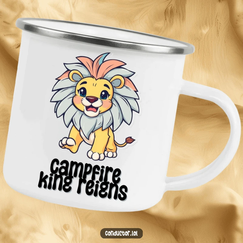 Funny bold lion with a magnificent mane, leading with gusto, on a durable camping mug.