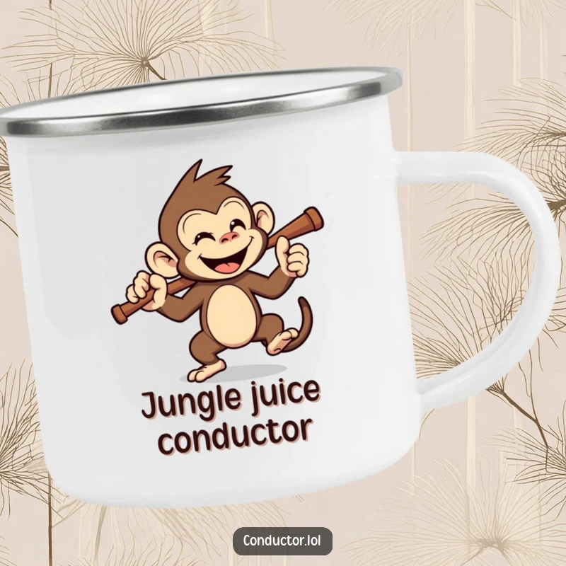 Funny monkey conductor camping mug, durable for adventures, ready for jungle expeditions. A rugged, funny gift.