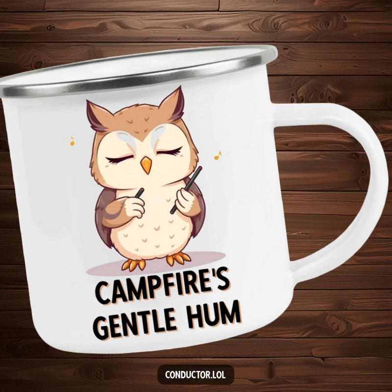 Funny owl conductor camping mug, eyes closed, conducting an unseen orchestra, for enjoying beverages in the great outdoors with wise, musical flair.