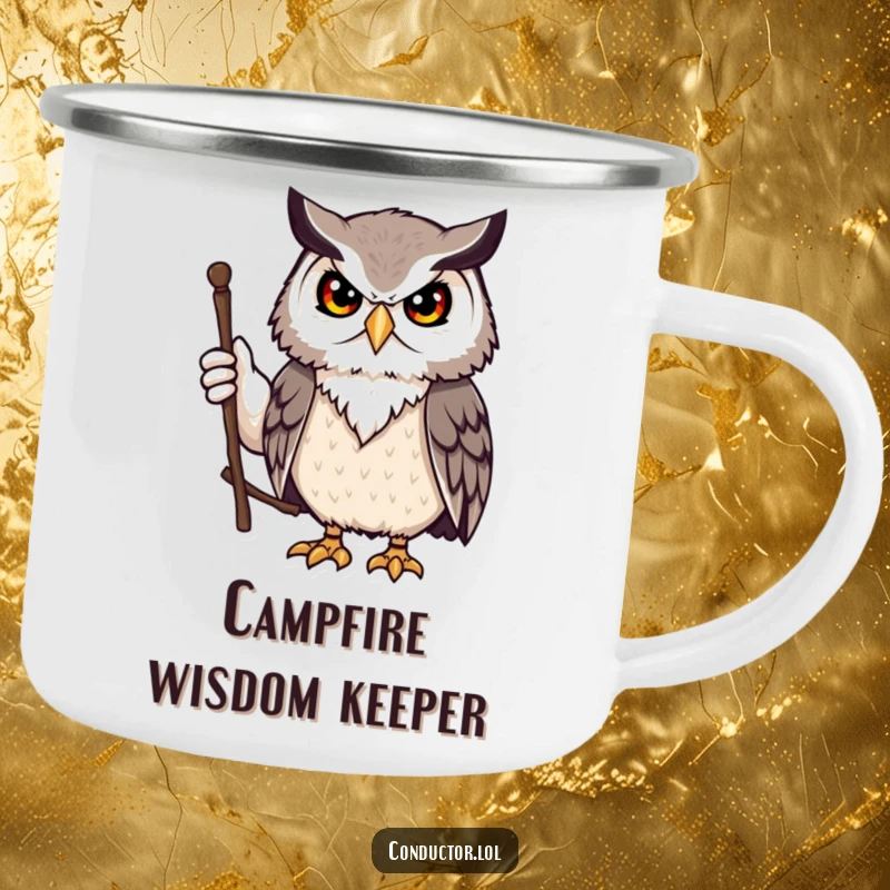 Funny owl leader camping mug, durable for adventures, guiding the way. A rugged, funny gift.