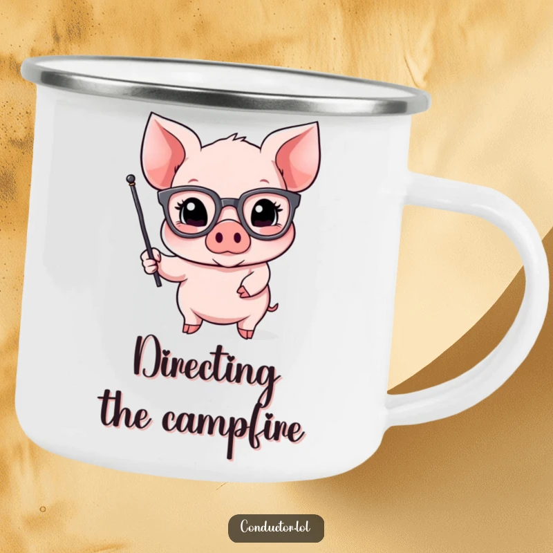 Funny Piglet Orator Camping Mug: a piglet in spectacles gestures dramatically with a flag, ideal for outdoor speakers.